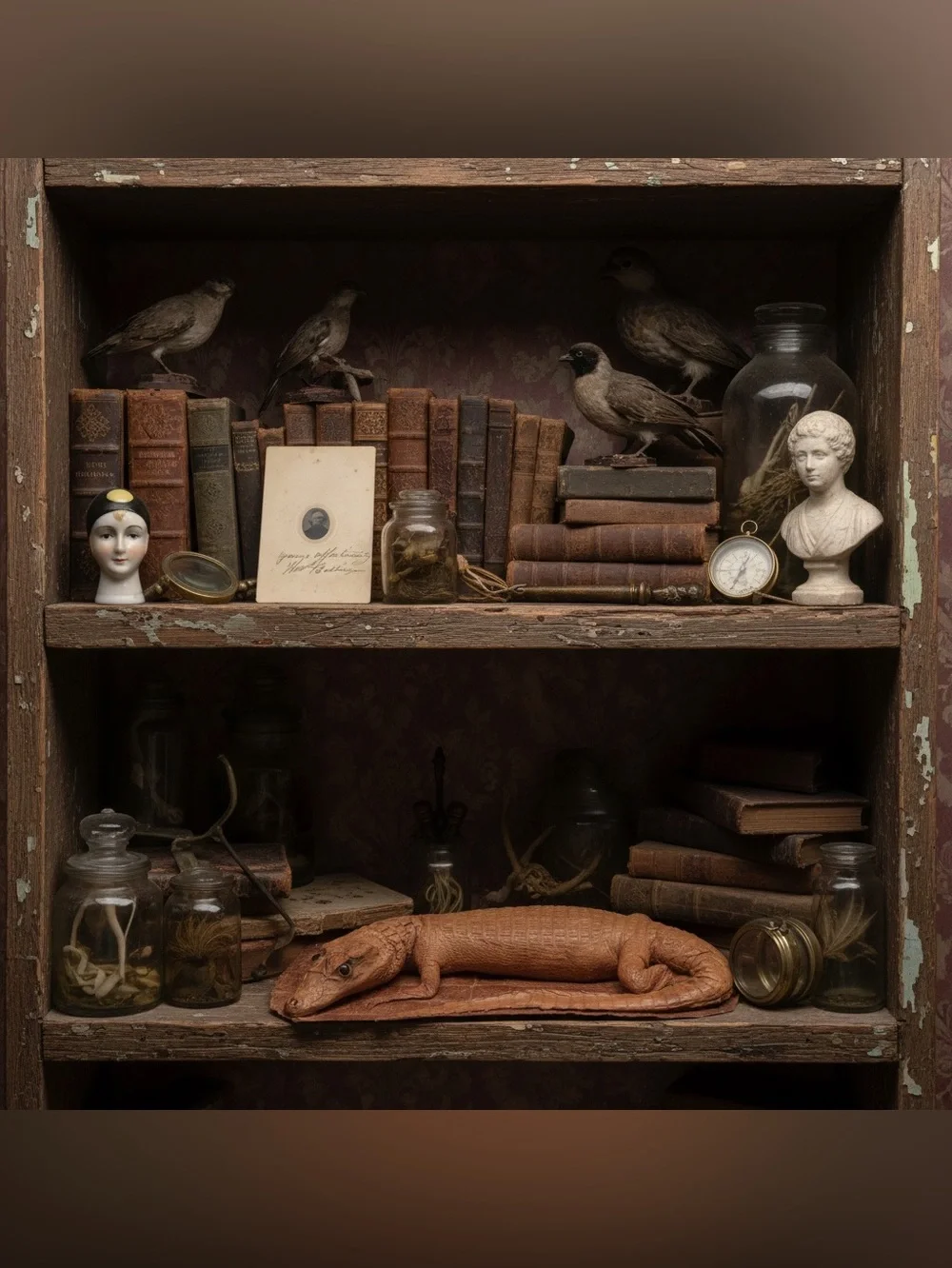 Vintage Oddities Lot, Alligator Taxidermy, Small Antique Photo English Doll Head
